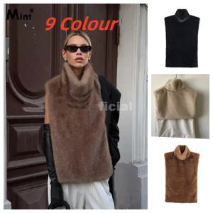 네오 민트 2025 브랜드 패션 인조 모피 세이블 조끼 크롭 탑 가을 겨울 터틀넥 에코 밍크 퍼 탱크 탑 민소매 재킷 코트