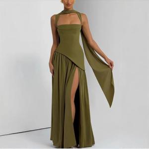 Suninheart 그린 드레스 여성용 이브닝 드레스 스카프 포함 - 레이스 업 백 하이 슬릿 파티 맥시 바디콘 드레스 휴가 웨딩용