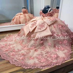 결혼식을위한 고급스러운 꽃의 소녀 드레스 튤 푹신한 리본 우아한 어린이 생일 파티 첫 성찬식 볼 가운 맞춤형