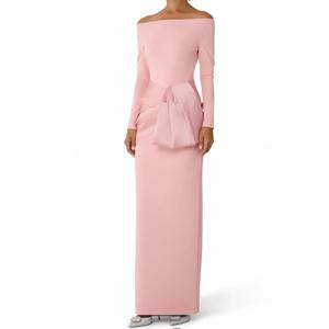 맞춤형 스트레이트 이브닝 드레스 발목 길이 오프 숄더 풀 슬리브 프롬 가운 심플 패션 플리츠 백리스 파티 가운