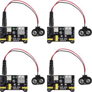 4개 MB102 무납땜 브레드보드 전원 공급 모듈 3.3V/5V 및 4개 9V 배터리 클립 버클 T형 전원 케이블 남성 2.1MM DC