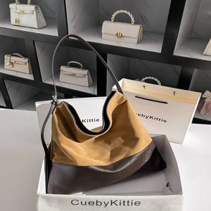 큐비 키티 여성용 레트로 스웨이드 토트백 캐주얼 출퇴근용 대형 소프트 가죽 가방 트렌디한 루즈핏 싱글 스트랩 숄더백