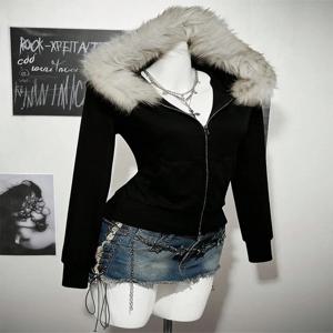 Y2K 하라주쿠 고딕 여성용 후드티 섹시 슬림 시크 스웨이드 퍼 칼라 레터 프린트 가디건 스웨트셔츠 여성 스트리트웨어