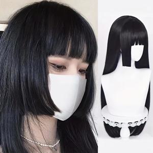 자연스러운 롱 스트레이트 합성 블랙 가발 (앞머리 포함) 로리타 코스프레 헤어 가발 여성용 내열성 섬유 데일리 파티 가발