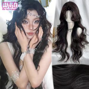 WTB 75 CM 블랙 브라운 합성 로리타 가발 여성용 긴 곱슬 가발 중앙 가르마 앞머리 일상 축제 착용에 적합