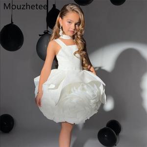 Mouzhetee A-라인 반짝 이는 꽃 소녀 드레스 어린이를위한 웨딩 파티 드레스 3D 꽃 꽃 소녀 댄스 파티 드레스 맞춤 제작