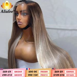 실키 스무스 스트레이트 옴브레 내추럴 브라운 애쉬 블론드 13x4 HD 투명 레이스 프론탈 가발 고품질 광택 레미 인모 가발