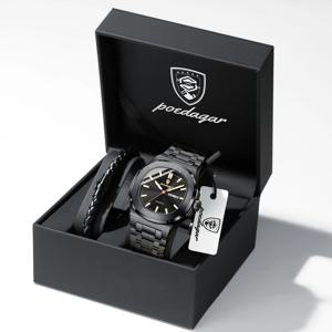 포에다가 커플 시계 사각 남성용 시계 방수 야광 날짜 요일 스테인리스 스틸 쿼츠 남성 손목시계 박스 선물 포함