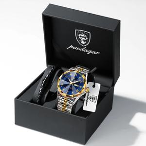 포에다가 패션 명품 남성용 시계 방수 야광 날짜 요일 커플 손목시계 스테인리스 스틸 남성용 쿼츠 시계+박스 선물