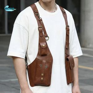 레트로 스팀펑크 숄더 하네스 백 PU 가죽 빈티지 휴대폰 지갑 조끼 가방 도난 방지 빈티지 겨드랑이 가방