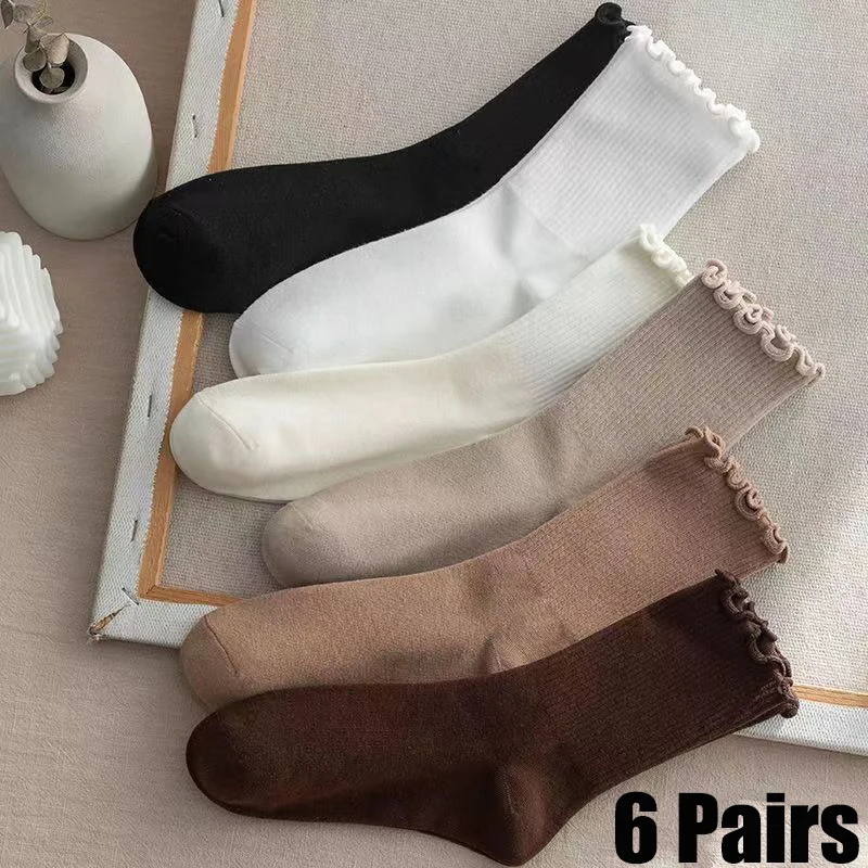6 쌍 프릴 중간 튜브 양말 여성용 통기성 솔리드 컬러 세트 블랙 화이트 커피 베이지 루스 파일 양말 땀 흡수