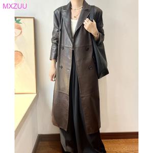 여성용 양가죽 재킷, 다크 다크 브라운 더블 브레스티드, 긴 슬림 세트 트렌치 코트, 가을 신상