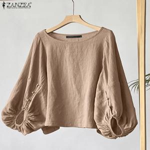 ZANZEA 빈티지 탑 여성 캐주얼 OL 작업 블라우스 우아한 솔리드 컬러 셔츠 O 넥 루즈 튜닉 여름 여성 3/4 슬리브 블라우스