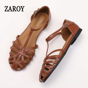 ZAROY 여름 크로스 스트랩 플랫 샌들 여성 라운드 발가락 발목 버클 할로우 캐주얼 로마 Sandalia Zapatos De Mujer сандали