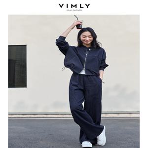VIMLY 2피스 팬츠 세트 여성 캐주얼 의상 여성용 팬츠 슈트 2026 블루 스탠드업 칼라 재킷과 바지 여성 의류 A0119