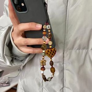 귀여운 레트로 폰 체인 로프 레진 레오파드 하트 비즈 장식 펜던트 가방 걸이줄 (여자아이/여성용)