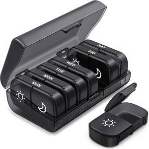 주간 약통, 하루 2회 복용, 7일용 한쪽 큰 개구부 약통, 블랙 프라이버시 보호 AM PM 알약 케이스