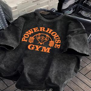 레트로 워시드 고릴라 월드 짐 프린트 100% 코튼 남성 여성 티셔츠 여름 가을 데일리 야외 스포츠 캐주얼 스트리트 반팔