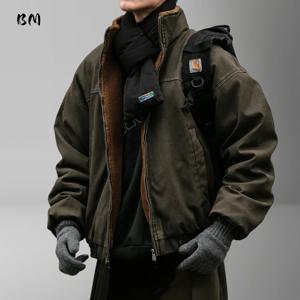 겨울용 헤비웨이트 남성 재킷 일본 빈티지 PU 코팅 방풍 두꺼운 플리스 안감 따뜻한 디스트레스드 스트리트웨어 롱 코트 남성용