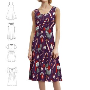 크리스마스 고양이 패턴 ° 보라색 여성의 우아한 파티 드레스 A라인 드레스(짧은/긴/소매 없는 옵션 포함) 고양이 고양이 크리스마스