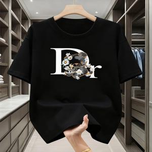 패셔너블하고 고급스러운 남성용 매칭 베이스 레이어 티셔츠, 남성용 헤비웨이트 올코튼 반팔 플로럴 레터 D 티셔츠