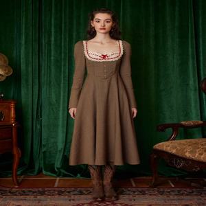 티이하일리 여성 드레스 긴팔 가을 겨울 롱 미디 기장 XS-XL 빈티지 하이웨이스트 체크무늬 스퀘어 칼라 2026 신상 안감 있음