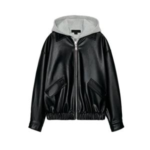 미니멀리스트 겨울 여성용 재킷 지퍼 긴팔 후드 패치워크 가죽 효과 아우터 폴리에스터 섬유 여성 코트