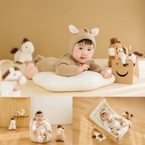 아기 100일 말 테마 사진 소품 니트 의상(모자+점프수트) 귀여운 조랑말 플러시 장난감 사진 장식 소품 스튜디오용 심플