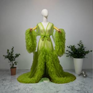 시스루 롱 튤 로브 퍼피 임부복 베이비 샤워 나이트가운 슬립웨어 신부 부두아르 로브 맞춤 제작