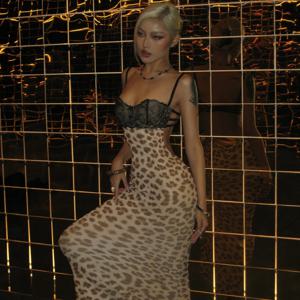 레오파드 프린트 레이스 백리스 슬립 드레스 여성용 섹시한 이브닝 가운 파티 클럽 나이트 로우 넥 우아한 맥시 롱 드레스