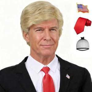 합성 3피스 도널드 코스튬 키트 레드 타이 플래그 핀 프레스 도널드 가발 호환 할로윈 코스튬 성인 커플 코스프레