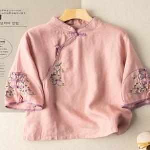 레트로 자수 코튼 린넨 셔츠 버튼 사이드 슬릿 자외선 차단 페이스 베일 마스크 예술적인 빈티지 스타일 여름 패션