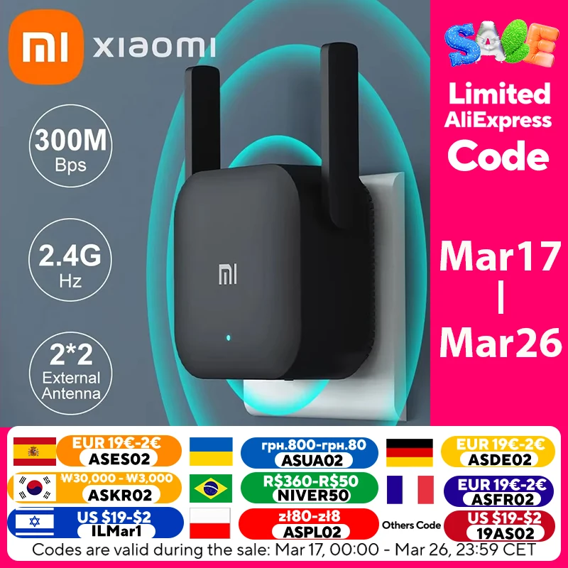 Xiaomi 리피터 WiFi Pro Mi 증폭기 네트워크 확장기 라우터 전원 확장기 Roteador 300M 2.4G 라우터 홈 오피스 용 2 안테나