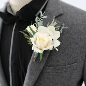 Boutonnieres 꽃 인공 흰색 장미 실크 아이보리 코사지 Buttonhole 신랑 들러리 Boutonniere 남성용 결혼식 액세서리