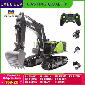 1/14 HUINA 1593 582 RC 굴삭기 덤퍼 트럭 크롤러 합금 트랙터 로더 소년을위한 2.4G 무선 제어 자동차 엔지니어링 장난감