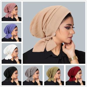 트렌디 한 롱 테일 스트랩 Hijab Turban Hats 이슬람 솔리드 컬러 헤드 랩 여성용 탄성 통기성 Chemo Cap For Girls