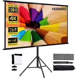 VEIDADZ 프로젝터 스크린 스탠드 접이식 흰색 주름 방지 60-120 인치 16:9 스크린 홈 시어터 실내 실외용 가방 포함