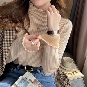 가을 겨울 여성 프릴 모의 목 스웨터 여성을위한 두꺼운 양털 따뜻한 열 풀오버 캐시미어 스웨터 2024