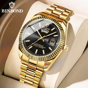 BINBOND 남성용 스테인리스 스틸 방수 쿼츠 시계, 스포츠 쿼츠 시계, 날짜 주간 손목 시계, 최고 브랜드