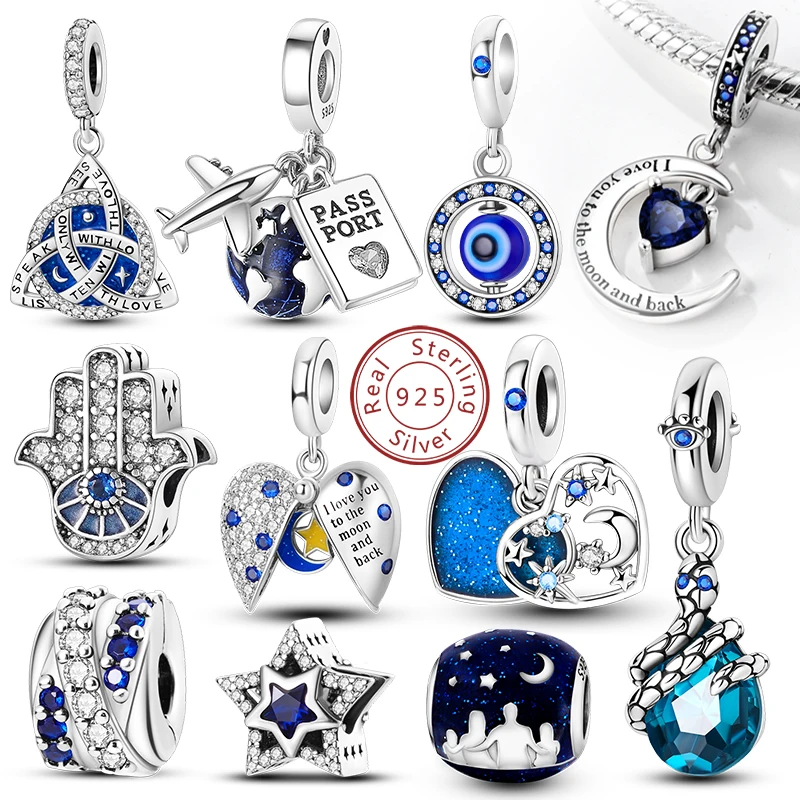 뜨거운 925 스털링 실버 매력 비즈 사랑 심장 럭키 스타 비행기 블루 지르콘 매력 펜던트 맞는 팔찌 매력 여성 쥬얼리