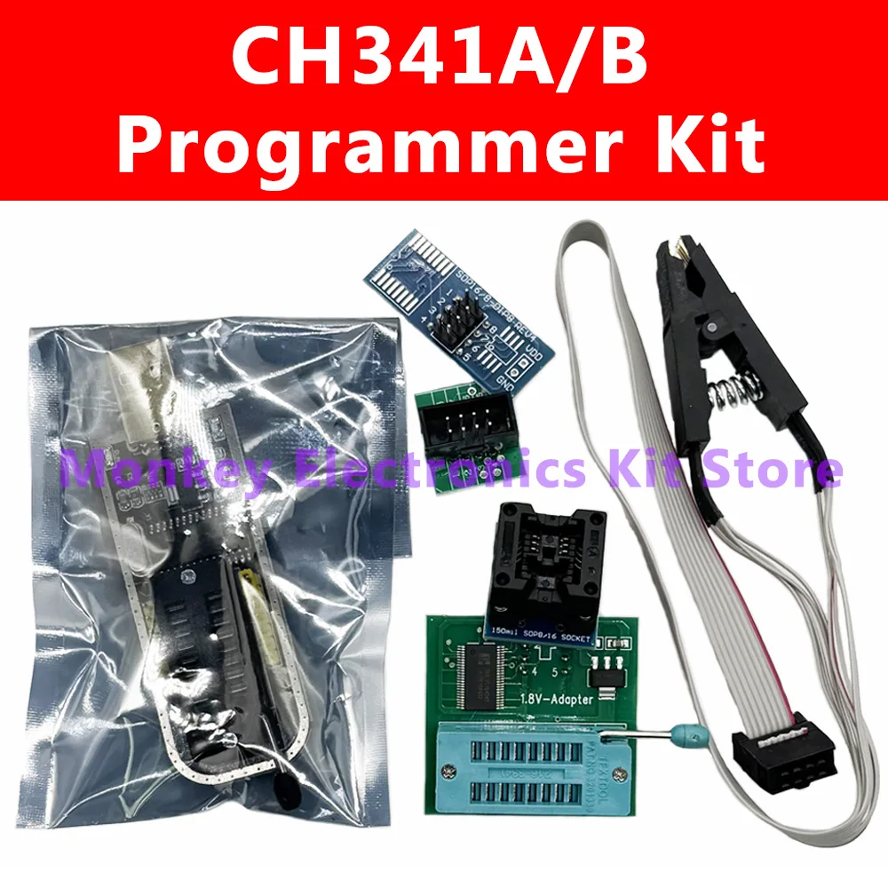 CH341A/B 프로그래머 어댑터+SOP8 클립+SOIC8 어댑터(케이블 포함)+1.8V 어댑터 CH341A EEPROM 플래시 BIOS USB 프로그래머 ZIF 어댑터