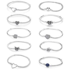 원래 925 스털링 실버 팔찌 사랑 심장 문 꽃 나비 포장 CZ 팔찌 여성을위한 DIY 쥬얼리 파티 선물