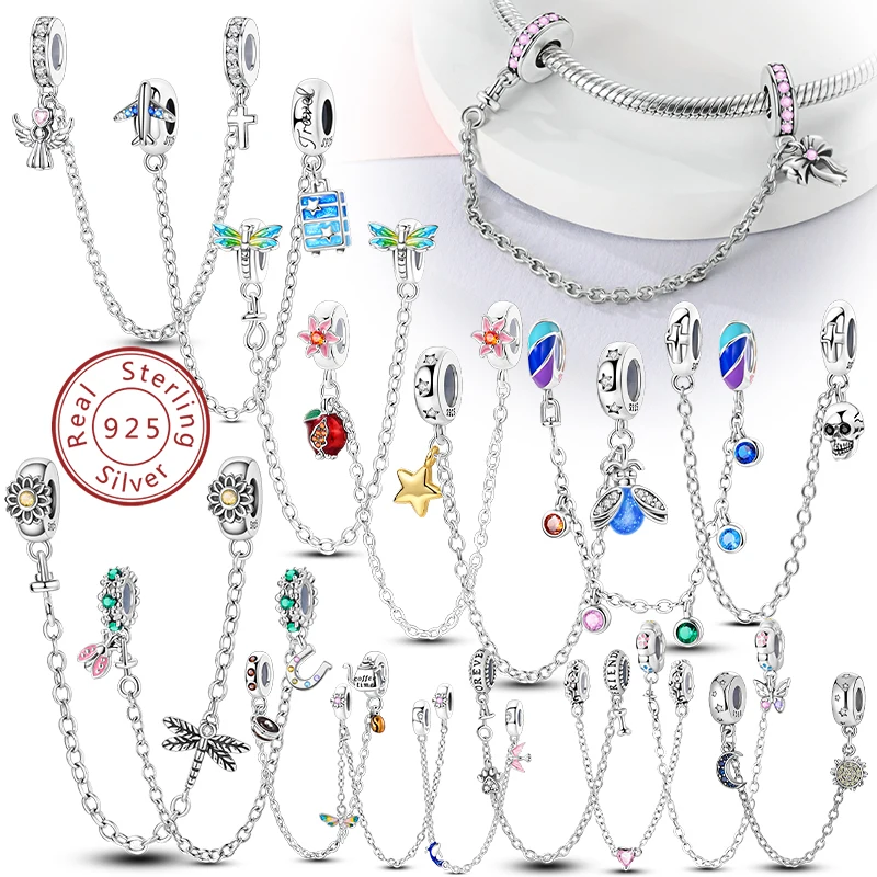 새로운 원래 안전 체인 걸쇠 클립 매력 구슬 925 스털링 실버 하트 보우 스타 문 맞는 팔찌 DIY 여자 여자 보석 선물