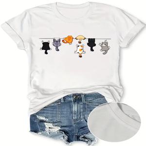 여성용 오버 사이즈 귀여운 고양이 프린트 라운드 넥 반팔 캐주얼 티셔츠 흰색 반팔 고양이 의류 티셔츠 여성상의