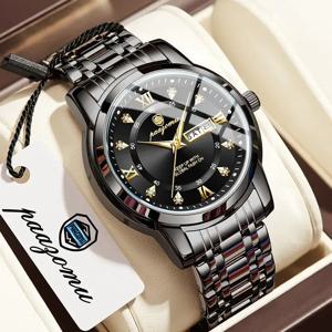 파아조무 럭셔리 스퀘어 패션 남성 손목시계 방수 야광 날짜 요일 쿼츠 남성 시계 스테인리스 스틸 남성 시계 레로즈