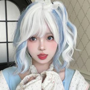 13인치 여성 가발 로리타 가발 합성 귀여운 짧은 가발 흰색과 파란색 곱슬머리 앞머리 포함 데일리&코스프레 할로윈 파티용