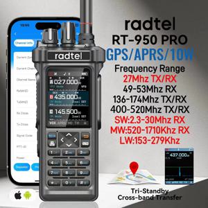 Radtel RT-950 PRO 워키토키 AM/FM/CB/LSB/USB/CW 수신기 GPS APRS 10W 블루투스 전화 프로그래밍 햄 라디오 RT-950PRO