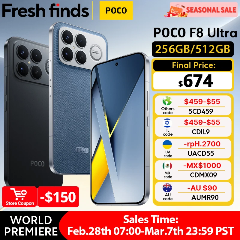 【월드 프리미어】POCO F8 울트라 스마트폰 스냅드래곤 8 엘리트 5세대 6500mAh 6.9인치 120Hz POCO 하이퍼 RGB AMOLED 디스플레이 NFC 지원