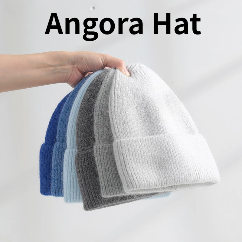 푹신한 앙고라 모자 토끼 모피 따뜻한 겨울 모자 여자 캐시미어 양모 부드러운 비니 블루 니트 모자 야외 스키 여성