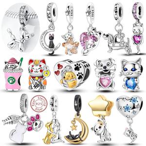 참스 비즈 오리지널 925 스털링 실버 고양이 강아지 애완동물 동물 참 펜던트 팔찌 뱅글 DIY 여성 남성 DIY 쥬얼리 제작용